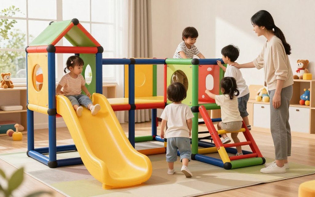ילדים בגילים שונים בודקים מתקן משחק בהשגחת מבוגר ילדים בגילים שונים בודקים מתקן משחק בהשגחת מבוגר